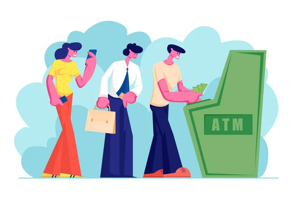 Characters Waiting in Turn to Draw or Put Money to Automated Teller Machine Standing in Queue. People Visiting Bank Using Atm Machine for Transaction Services, Banking Cartoon Flat Vector Illustration