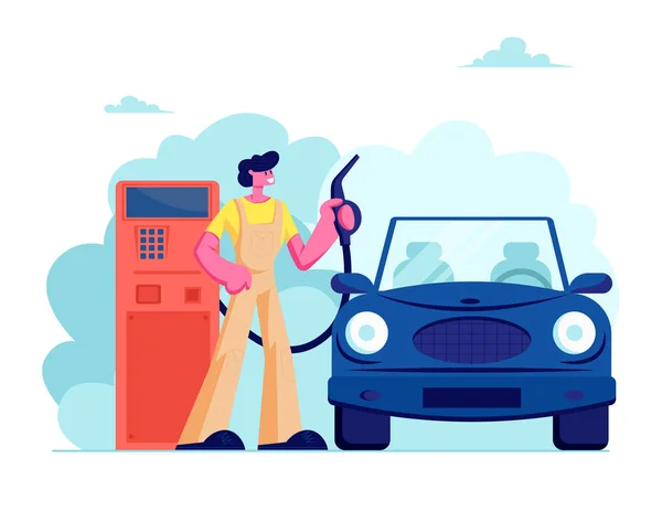 Ο εργάτης του βενζινάδικου κρατάει το όπλο για να ρίχνει καύσιμα στο αυτοκίνητο. Εργαζόμενος στο εργατικό δυναμικό στο πρατήριο πετρελαιοειδών βενζινάδικου, μεταφορά βενζίνης για οδηγούς. Εικονογραφία-επίπεδη απεικόνιση διανυσματικών — Διανυσματικό Αρχείο
