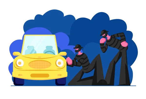 Alguns sequestradores mascarados vestindo roupas pretas ao lado do carro e tentando invadi-lo. Personagens masculinos cometendo crime à noite, bandidos roubando auto Cartoon Flat Vector Ilustração — Vetor de Stock