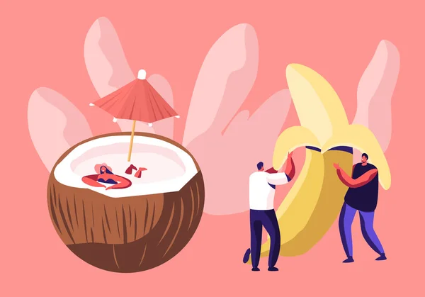 Jonge mannen houden enorme geschilde banaan, vrouw in duik pak ontspannen in kokos met paraplu, vegetarisch en dieet gezond voedsel, versterkte voeding, fruit voeding, cartoon platte vector illustratie — Stockvector