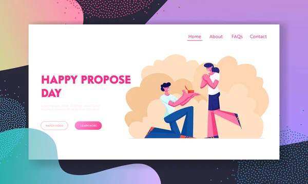 Engagement website landing page, jonge man staan op de knie met ring in de hand te maken bieden aan vrouw vraagt haar met hem trouwen, menselijke verhoudingen, liefdevolle paar webpagina. Cartoon platte vector illustratie, banner — Stockvector