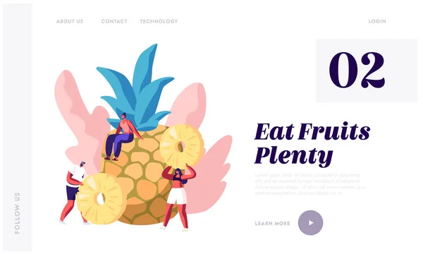 Gyümölcsök forrása vitamin és egészség honlap céloldal, hatalmas ananász és apró emberek, vegetáriánus és diétás egészséges élelmiszer, megerősített táplálkozás, web oldal. Cartoon Flat vektoros illusztráció, banner — Stock Vector