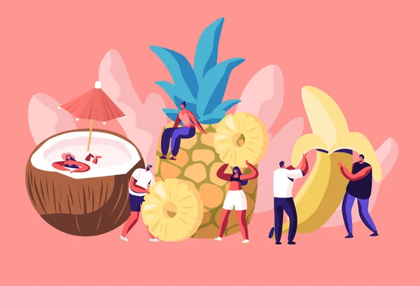 Крихітні чоловіки і жінки символи і величезні стиглі плоди кокосового горіха, ананас, банан, вегетаріанське харчування, здорове харчування, укріплене харчування, літо свіжий сік напої коктейлі, мультфільм плоский Векторна ілюстрація — стоковий вектор