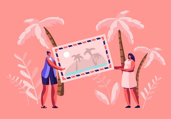 Personnages de femmes minuscules tenant d'énormes photos ou cartes postales avec plage tropicale et palmiers, vacances d'été, mémoire de voyage, touristes Souvenez-vous de l'expérience de voyage Illustration vectorielle plate de bande dessinée — Image vectorielle