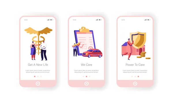 Seguro Mobile App Page Onboard Screen Set, Propriedade, Car and Health Protection Paper Sign, Garantia de dinheiro, Transporte, Casa, Conceito de vida para o site ou página da web, Cartoon Flat Vector Illustration —  Vetores de Stock