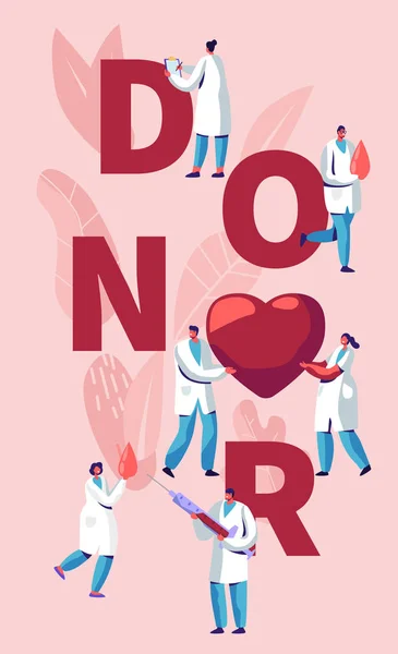 Concepto de Donante. Hombre, Médicos Femeninos Personajes en Uniforme Médico. Laboratorio de Donación de Sangre, Salud, Caridad, Cartel del Día Mundial del Donante, Banner, Folleto. Dibujos animados plana Vector Ilustración — Archivo Imágenes Vectoriales