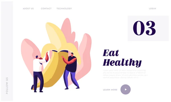 Página web de alimentos saludables Landing Page, Young Men Holding Huge Peeled Banana, Health Lifestyle, Organic Fruits Nutrition, Fresh Natural Vitamin Products, Web Page. Ilustración plana del vector de la historieta, bandera — Vector de stock