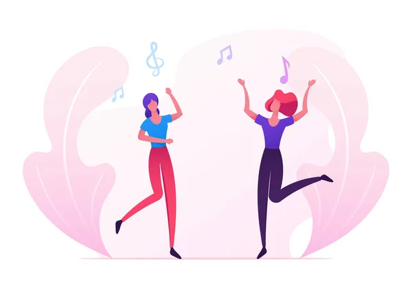 Couple of Young Girls Visit Music Event or Concert, Women Fans Cheering, Dancing and Jumping with Hands Up, Friends Having Fun, Leisure, People Clubbing in Night Club. Cartoon Flat Vector Illustration — Stock Vector