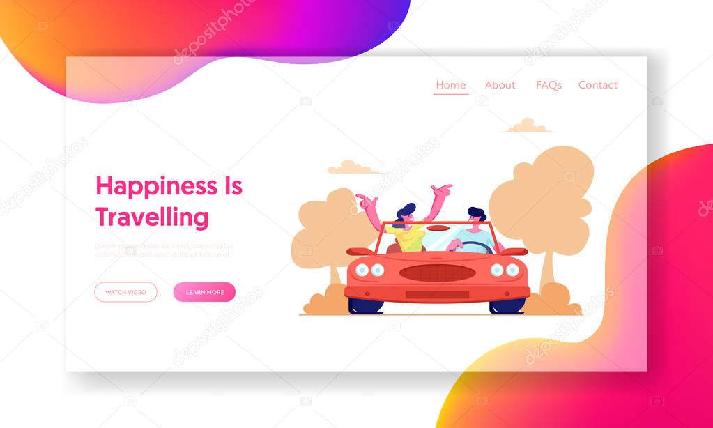 Summer Vacation, Trip, Journey. Website Landing Page, Happy Couple Driving Red Cabriolet Car on Nature Landscape Background, Man and Woman Traveling Web Page. Cartoon Flat Vector Illustration, Banner