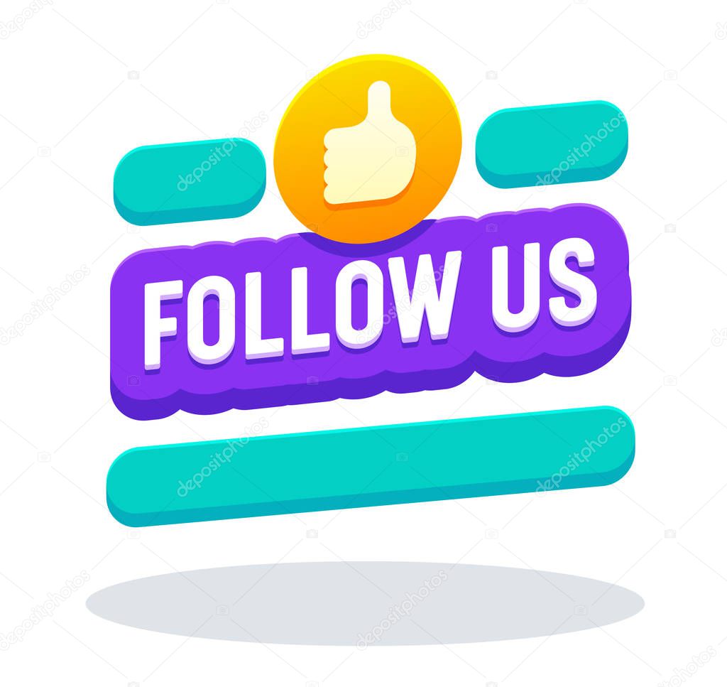 Follow Us Banner in Memphis Style with Typography, Thumb Up, Button, Counter Notification, Social Media Networks Logo, Image, Symbol, Sign, Ui Background, Account Tag. Cartoon Flat Vector Illustration
