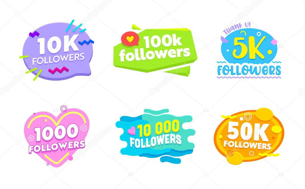 Set of Social Media Templates and Elements. Banners and Decoration for Internet Networks. 1k, 5k, 10k, 50k, 100k Followers Thank You Congratulation Post, Sticker, Icon Cartoon Flat Vector Illustration