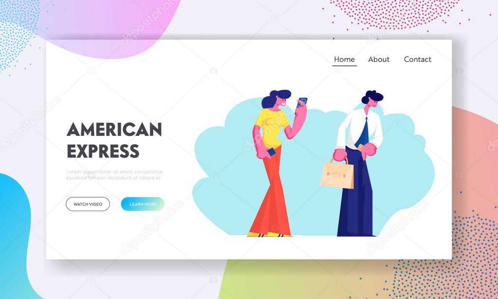 People Stand in Line Website Landing Page, Characters Holding Credit Card and Smartphone Stand in Queue in Store or Financial Institution Atm Service Web Page. Cartoon Flat Vector Illustration, Banner