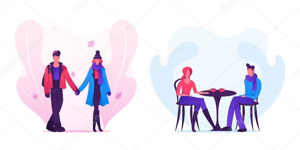 Loving Couple Dating in Autumn Time, Young Man and Woman Wearing Warm Clothing Holding Hands Walking Together on Street, Visiting Cafe for Drinking Hot Beverage, Love Cartoon Flat Vector Illustration