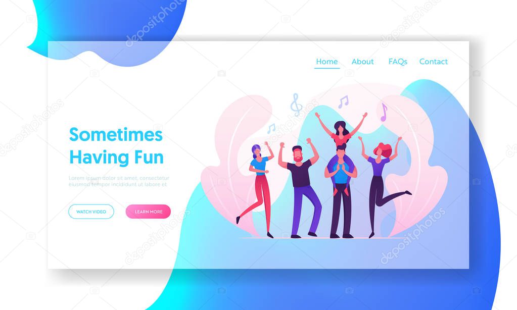 Music Party Website Landing Page, Group of Young People Visiting Concert, Fans Cheering with Hands Up, Girl Sitting on Man Shoulders, Friends Leisure Web Page. Cartoon Flat Vector Illustration, Banner