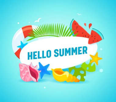Palm Leaves, yıldız balığı, Lifebuoy, karpuz parçaları ve renkli kabukları gibi tipografi ve Summertime öğeleri ile Merhaba yaz Banner. Tebrik kartı, plaj partisi Flyer. Karikatür daire vektör Illüstrasyon