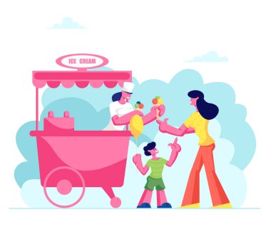 Anne küçük oğul Holding hava balon el Stall sokak veya Park, yaz Treat alışveriş için renkli topları tatlı ile dondurma koni satın. Weekend Leisure, karikatür düz vektör Illüstrasyon