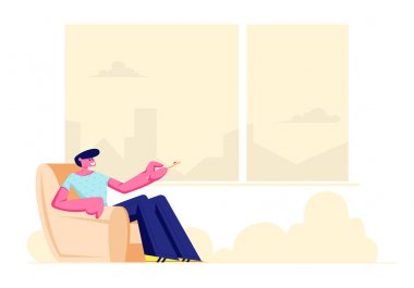 Genç adam oturma rahat koltuk evde havalandırma veya TV set Hands, erkek karakter Iç tekniği, Iklim kontrolü karikatür düz vektör Illustration ile uzaktan kumanda ile