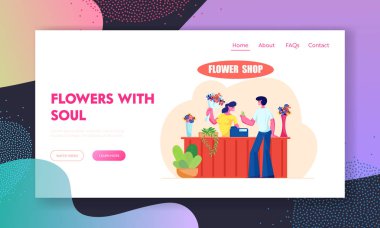 Genç adam çiçek dükkanı Web sitesi açılış sayfasında buket alış, saleswoman müşteri Floristic Store, çiçekçi mesleği, Web sayfası ziyaret çiçek vererek. Karikatür düz vektör Illustration, banner