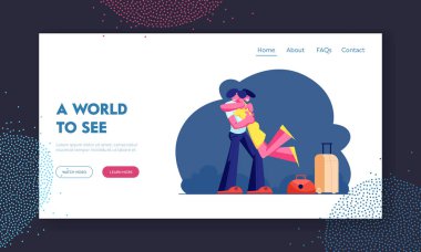 Seyahat web sitesi açılış sayfası, adam ve kadın sarılmak toplantı, erkek karakter Holding kız elinde Bagaj ile, sıcak toplantı, aşk, dostluk. Web sayfası. Karikatür düz vektör Illustration, banner