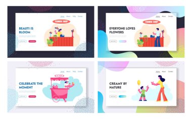 Çiçek dükkanı, dondurma Stall, Anne son SpareTime Web sitesi açılış sayfası seti, Man Store, saleswoman kiosk, mutlu aile Leisure Web sayfası içinde buket al. Karikatür düz vektör Illustration, banner