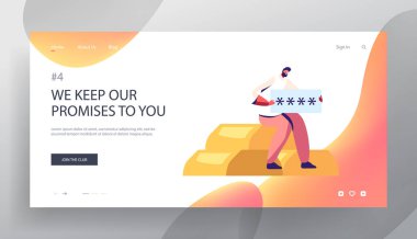 Şifre ile adam altın külçeler, güvenlik kavramı, kişisel erişim, Kullanıcı Yetkilendirme, giriş, para koruma Web sitesi açılış sayfası, Web sayfası oturuyor. Karikatür düz vektör Illustration, banner