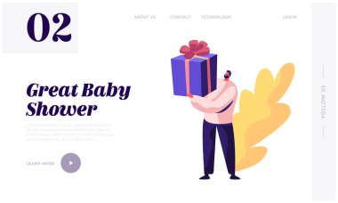 Bebek duş olay, küçük erkek karakter Holding büyük hediye kutusu ile sarılmış şerit, Present hamile kadın yakında Bebek Doğum günü Web sitesi açılış sayfası, Web sayfası. Karikatür düz vektör Illustration, banner
