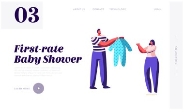 Bebek parti web sitesi açılış sayfası duş, karakterler hamile kadın, yeni doğmuş çocuk için giyim, mutlu Insanlar Bebek Doğum günü Web sayfası kutlamak için Present getir. Karikatür düz vektör Illustration, banner