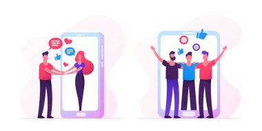 Web tanışma konsepti ile Internet ınsanlarla toplantı, adam Holding eller kadın büyük Smartphone ekran dışarı gidiyor, erkek karakterler sarılmak, dostluk, Insan Ilişkileri. Karikatür daire vektör Illüstrasyon