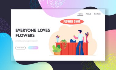 Genç Man çiçek Shop web sitesi açılış sayfası, müşteri satın buket, çiçekçi Workplace Web sayfası seçimi için Floristic Store ziyaret Counter Desk at stand. Karikatür düz vektör Illustration, banner