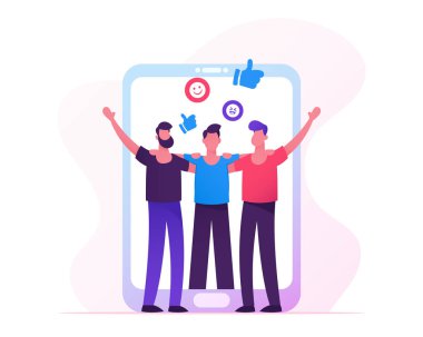 Internette insanlar toplantısı, erkekler büyük Smartphone ekranında Hands HOLDING, erkek karakterler sarılmak, dostluk, Insan Ilişkileri, web dating, sosyal medya App Concept. Karikatür daire vektör Illüstrasyon