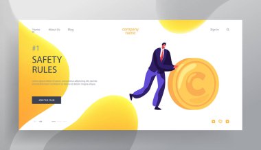 İş adam Rolling altın sikke Web sitesi açılış sayfası, Insanlar ve para güvenliği, yatırım, mali güvenli, kar, maaş servet, artan sermaye Web sayfası. Karikatür düz vektör Illustration, banner