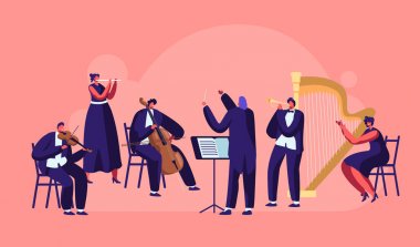Senfoni Orkestrası, keman, flüt, cello, trompet, ARP performansı ile sahnede performans araçları ile klasik müzik konseri, orkestra şefi ve müzisyenler oynuyor. Karikatür daire vektör Illüstrasyon