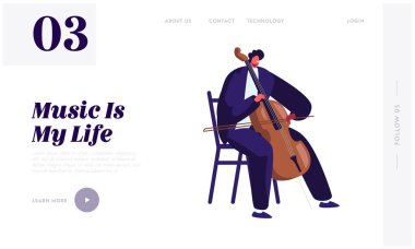 Cellist oyun üzerinde cello Web açılış sayfası, Erkek müzisyen karakter klasik enstrüman konser, sanatçı pratik müzik, sanat Web sayfası için hazırlanıyor. Karikatür düz vektör Illustration, banner