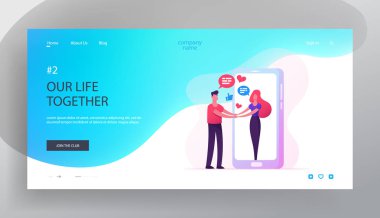 Web dating web sitesi açılış sayfası, adam Holding eller kadın büyük Smartphone ekran dışarı gidiyor, arkadaşlık, Insan Ilişkileri Insanlar toplantı Internet, Web sayfası. Karikatür düz vektör Illustration, banner