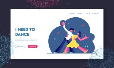 Çift dans Tango Web sitesi açılış sayfası, erkek ve kadın sevgi dolu veya dost Ilişkiler birlikte zaman harcamak, disko dans aktivite, eğlence veya hobi. Web sayfası. Karikatür düz vektör Illustration, banner