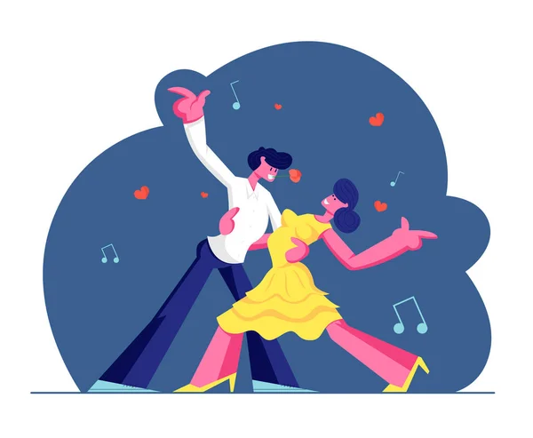 Jong stel Sparetime met Tango dansen, mensen actieve levensstijl, man en vrouw in liefdevolle of vriendelijke relaties tijd samen doorbrengen, disco dans vrijetijdsbesteding of hobby. Cartoon platte vector illustratie — Stockvector