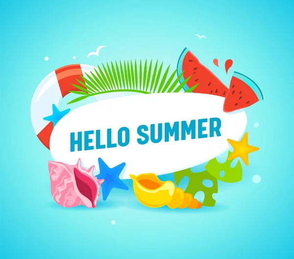 Hello Summer banner met typografie en zomer artikelen als Palm bladeren, zeesterren, reddingsboei, watermeloen stukken en kleurrijke schelpen. Wenskaart, Beach Party flyer. Cartoon platte vector illustratie — Stockvector