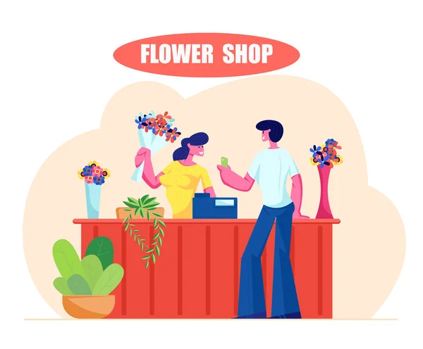 Νέος άνθρωπος αγοράζοντας μπουκέτο στο ανθοπωλείο. Πωλήτρια δίνοντας άνθη στον πελάτη που επισκέπτεται το Φλωρινιστικό κατάστημα για την επιλογή και την αγορά παρόν, ανθοπωλείο επάγγελμα, δουλειά. Εικονογραφία-επίπεδη απεικόνιση διανυσματικών — Διανυσματικό Αρχείο
