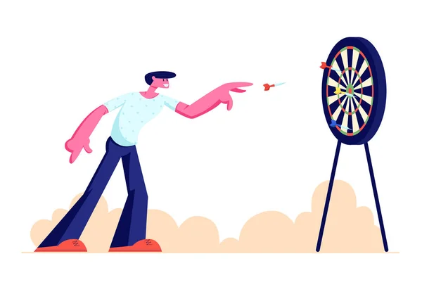 Fiatal férfi lejátszása darts szabadban, karakter dobja DART a TARGET Board, kikapcsolódás, sport tevékenység, kreatív szabadidő, sport verseny, Entertainment Park. Cartoon Flat vektoros illusztráció — Stock Vector