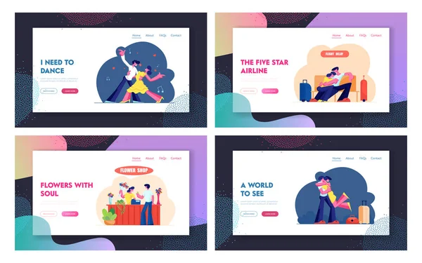 Tango dansçılar, uçuş Delay, çiçek dükkanı, Toplantı sonra seyahat web sitesi açılış sayfası seti, Insanlar dans, havaalanında uçak bekliyor, Man buket Web sayfası satın. Karikatür düz vektör Illustration, banner