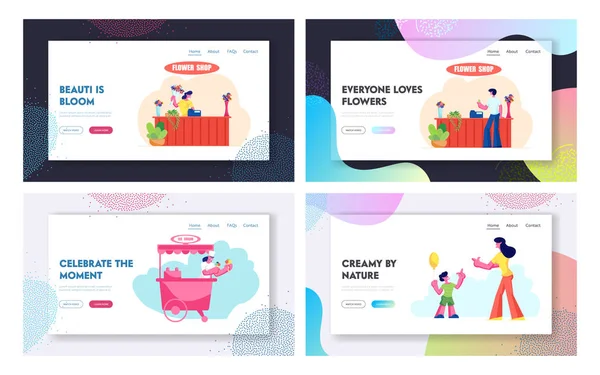 Flower Shop, Ice Cream Stall, Mother with Son Sparetime Site Landing Page Set, Man Buy Bouquet in Store, Vendedora no quiosque, Happy Family Leisure Web Page. Desenhos animados Flat Vector Ilustração, Banner —  Vetores de Stock