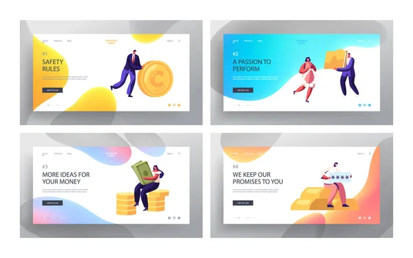 Pessoas e Dinheiro Site Landing Page Set, Homens e Mulheres Pequenos Personagens Segurando Moedas Douradas Enormes, Contas, Senha, Investimento e Segurança Concept Web Page. Desenhos animados Flat Vector Ilustração, Banner —  Vetores de Stock