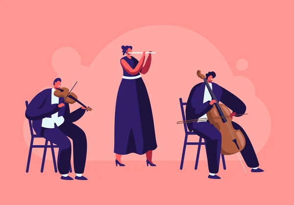 Musicians with Instruments Perform on Stage with Violin and Flute, Symphony Orchestra Classical Music Concert, Performance on Philharmonic Scene, Instrumental Ensemble Cartoon Flat Vector Illustration — Stock Vector