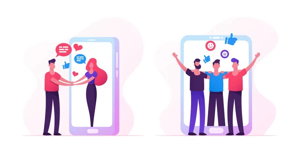 Web Dating Concept with People Meeting in Internet, Man Holding Hands Woman Going Out of Huge Smartphone Screen, Male Characters Hugging, Friendship, Human Relations. Cartoon Flat Vector Illustration