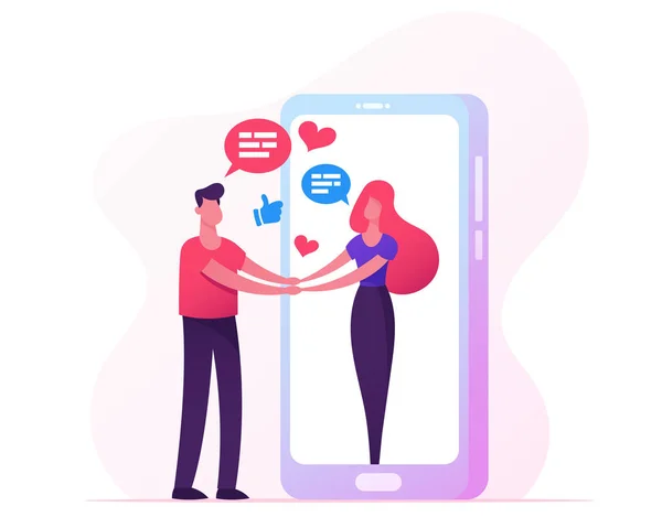 Web Dating, conceito de relações humanas. Encontro de jovens na Internet, Homem segurando a mão da mulher saindo da tela enorme do smartphone, Comunicação de personagens, Ilustração plana do vetor dos desenhos animados da amizade —  Vetores de Stock