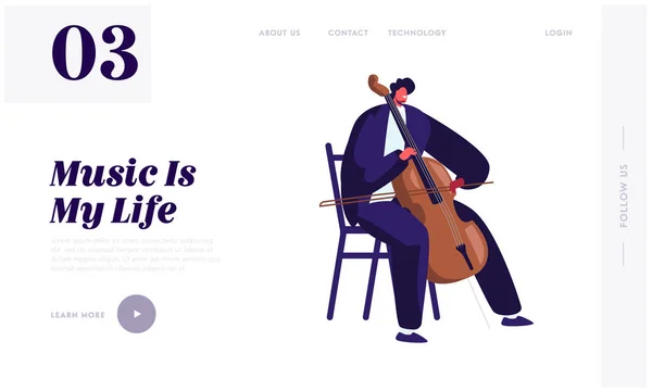 チェロのウェブサイトのランディングページで演奏チェロ奏者、コンサートの準備をする古典的な楽器を持つ男性ミュージシャンのキャラクター、アーティストの練習音楽、アートウェブページ。漫画フラットベクトルイラスト、バナー — ストックベクタ