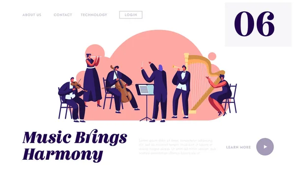 クラシック音楽コンサートのウェブサイトランディングページ、指揮者とミュージシャンを演奏するシンフォニーオーケストラは、ステージ上で演奏する楽器、パフォーマンスのWebページ。漫画フラットベクトルイラスト、バナー — ストックベクタ
