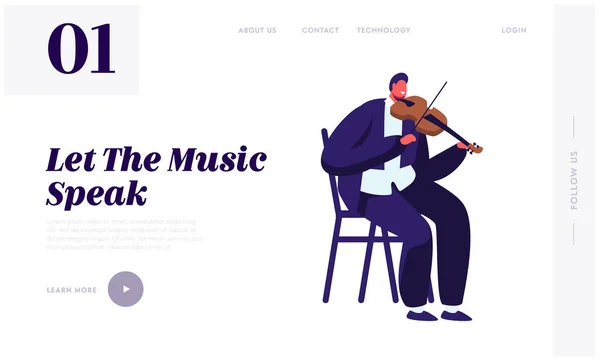 ヴァイオリンのウェブサイトランディングページで演奏するヴァイオリニスト、音楽を練習するアーティスト。クラシック楽器を持つ男性ミュージシャンキャラクターがコンサートのWebページの準備をしています。漫画フラットベクトルイラスト、バナー — ストックベクタ