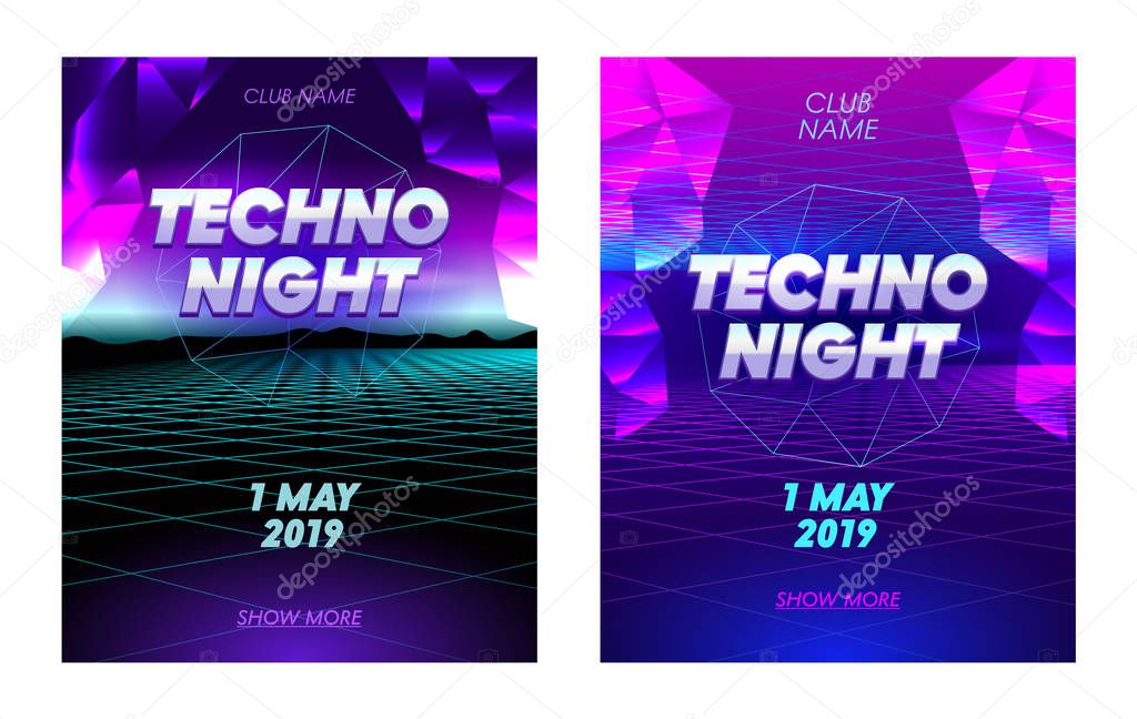 Techno Night Banners Set with Typography, Synthwave Neon Grid Futuristic Background with Low Poly Triangulars, Club Party Flyer Design, Poster, Social Media Invitation, Promo. Vector Illustration