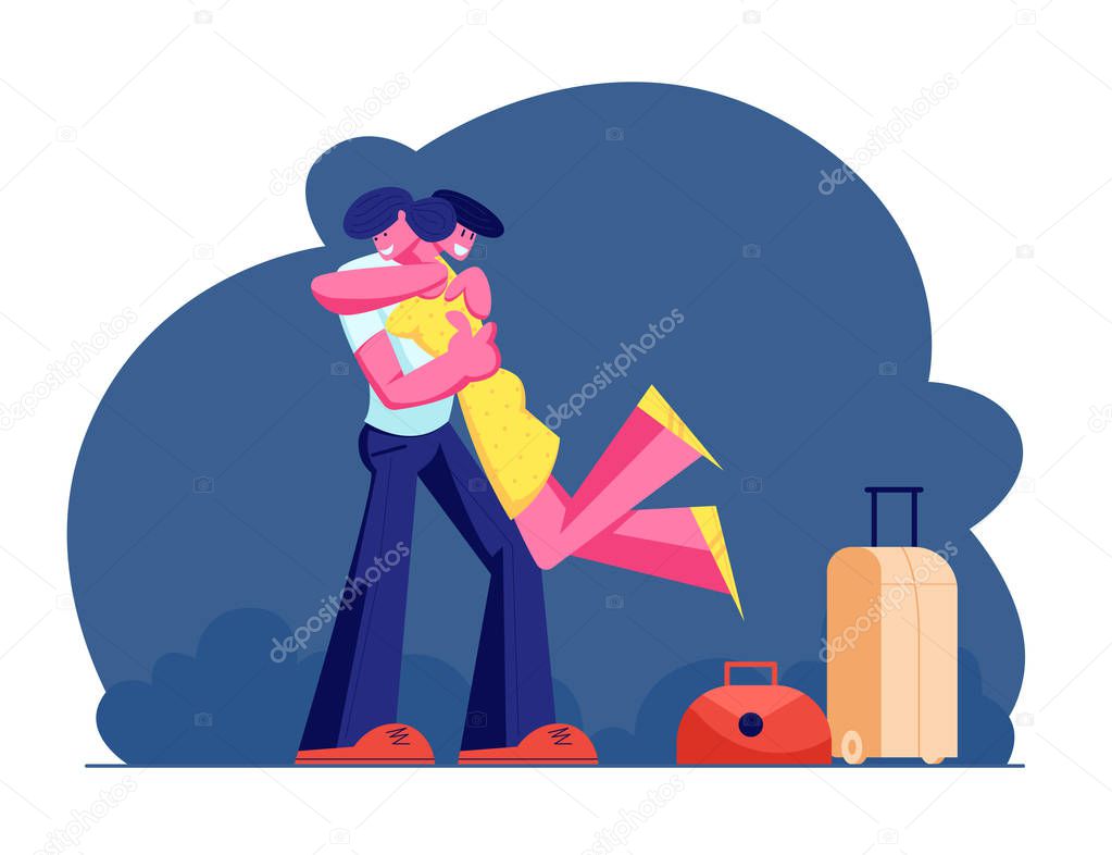 Young Man and Woman Characters Hugging, Male Character Holding Girl on Hands, Meeting from Travel with Suitcases and Luggage Bags, Warm Meeting, Love, Friendship. Cartoon Flat Vector Illustration